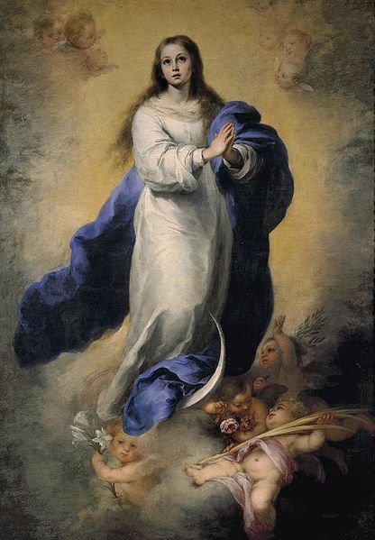 «Непорочное зачатие», картина Мурильо. Иконография включает изображение Марии, парящей в небесах на полумесяце
