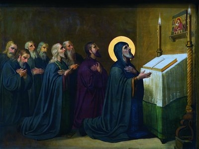 Прп. Иов Почаевский с братией в молении перед Почаевской иконой Божией Прп. Иов Почаевский с братией в молении перед Почаевской иконой Божией