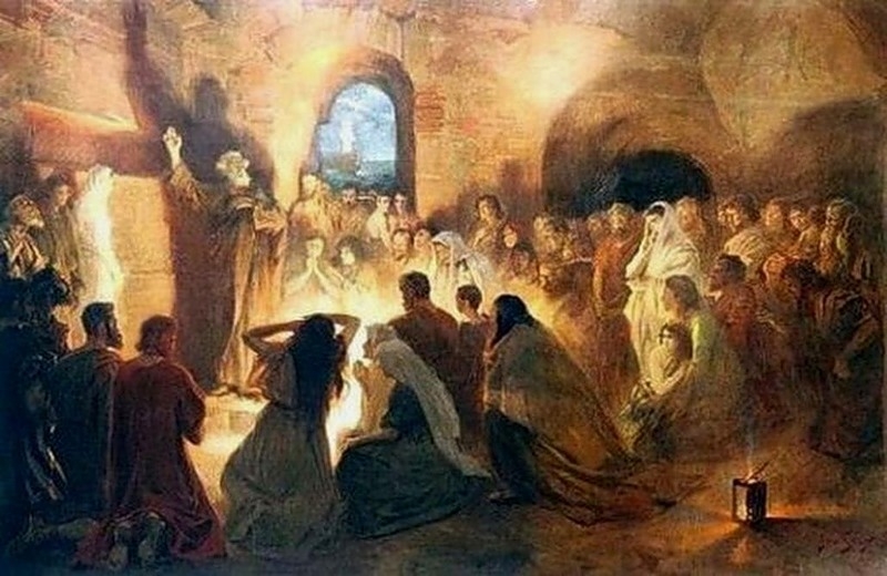 Апостол Пётр проповедует в катакомбах (Ян Стыка, начало XX века)