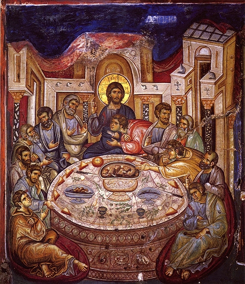 Тайная вечеря. Фреска 1312 г. Кафоликон Ватопедского монастыря. Афон