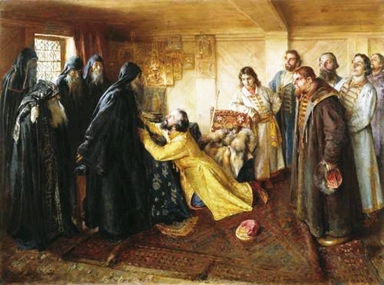 Царь Иван Грозный просит игумена Корнилия постричь его в монахи